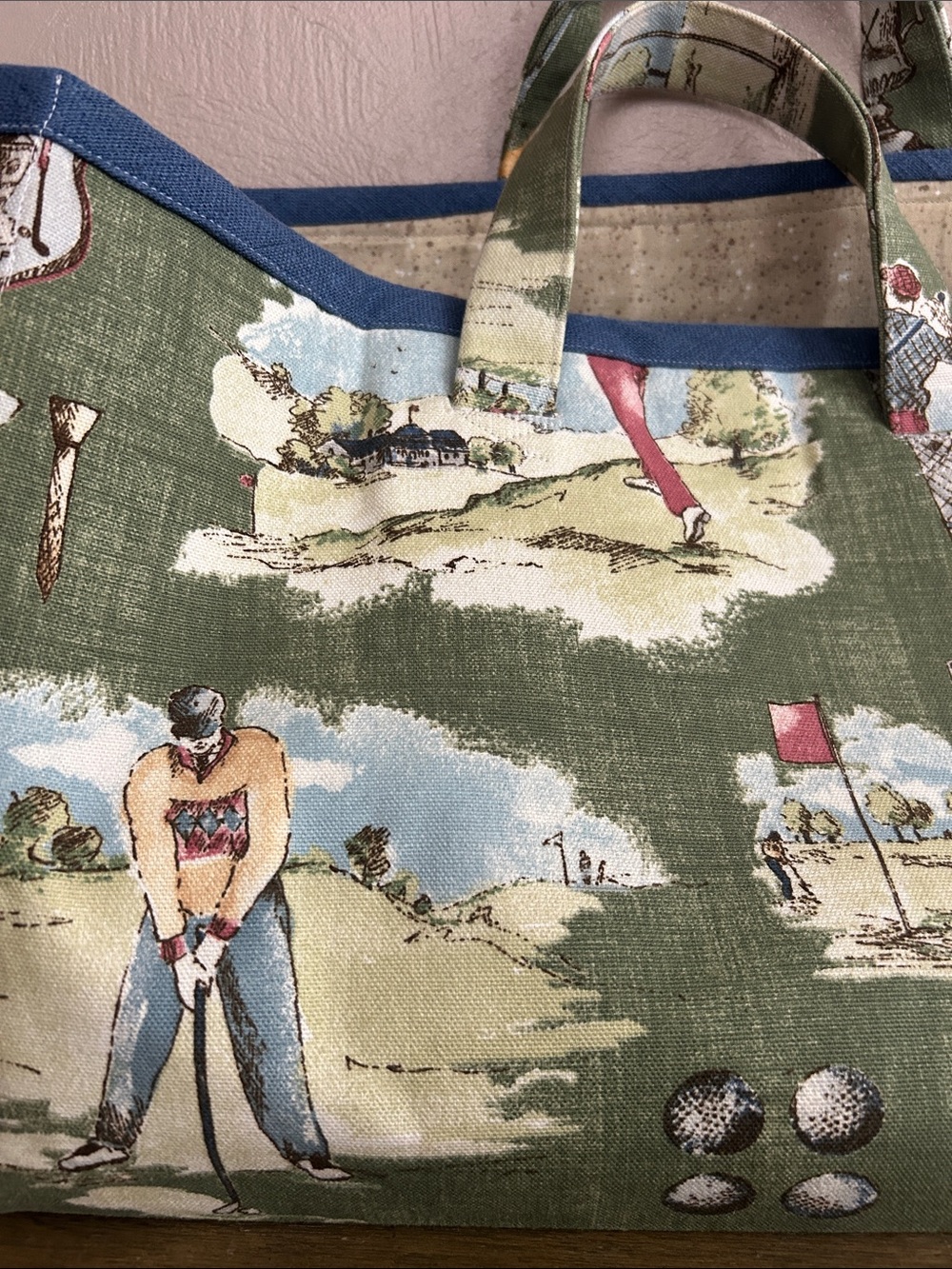 Vintage Handmade Toile Pattern Canvas Green Golf-Print Open Tote Bag. - Picture 8 of 10